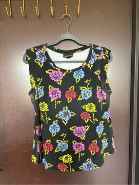 Nooworks Black Floral Tank Top with Pink, Blue, Yellow & Red Roses